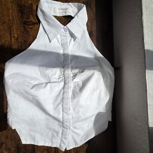 Commense Tie Back White Collared Top Button Front Size S Open Back Wide Straps